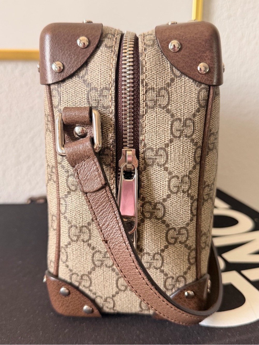 GUCCI GG Supreme Monogram Square Shoulder Bag Brown Strap Trunk Boxy - Picture 4 of 16